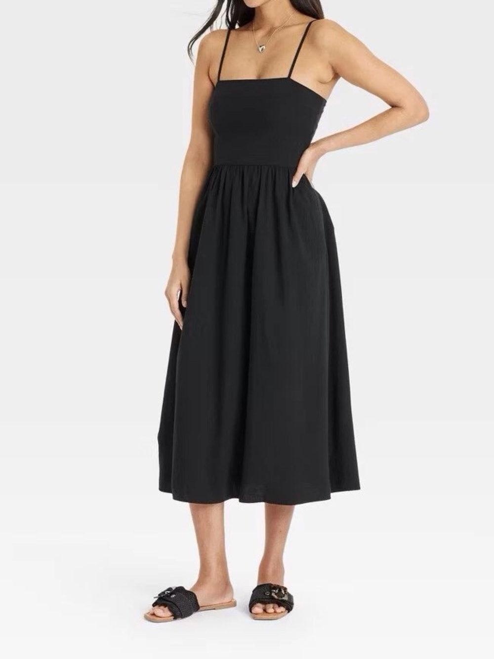 Classic Black Spaghetti-Strap Midi Dress